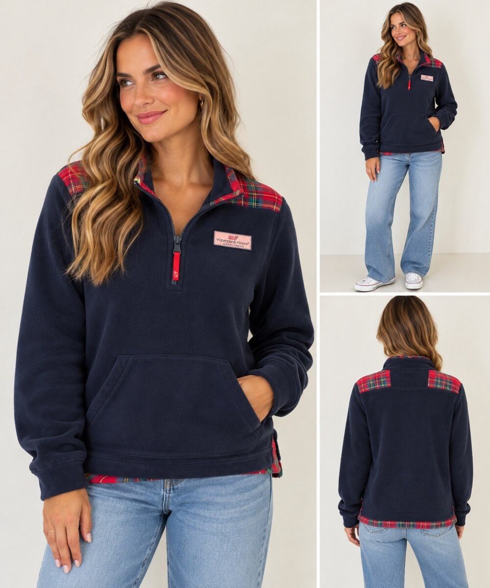 Vineyard Vines Women’s Navy Blue Half Zip Pullover Plaid Trim Kangaroo Pocket